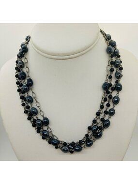 Multi-Strand Necklace Iridescent Blue and Black Glass Bead Layered Vintage